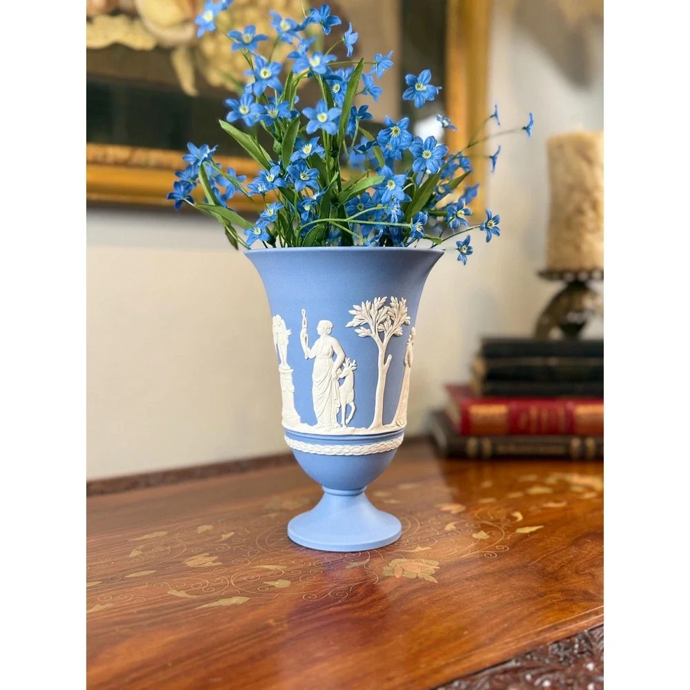 Vintage 1978 Wedgwood Jasperware Vase • Blue White Neoclassical Pedestal Urn